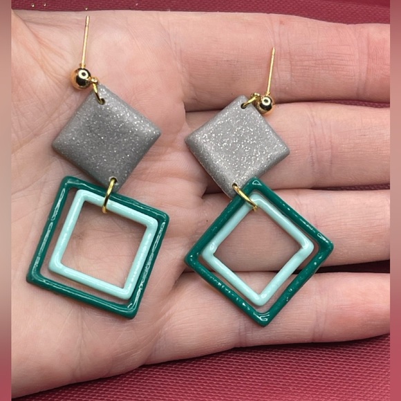 Geometric Teal & Silver Dangle Earrings + Gift Box - Picture 3 of 4